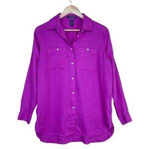 Lauren Ralph Lauren Fuchsia Pink Linen Button Up Tunic Shirt M